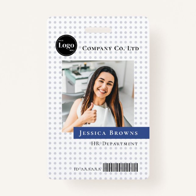 Modern Deep Blue Employee Company Logo Photo QR Badge (Front)