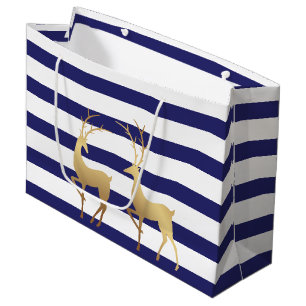 Modern Deep Blue Stripes Gold Deer Large Gift Bag