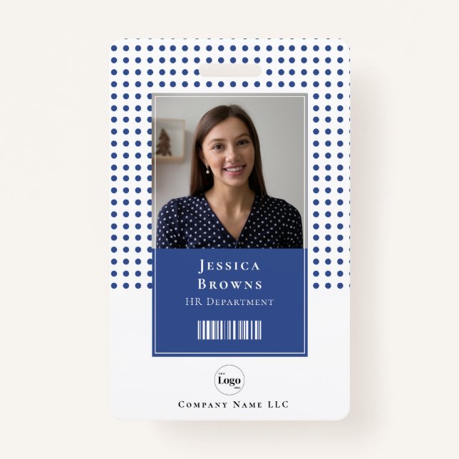 Modern Deep Blue Student Employee Photo QR Barcode Badge (Front)