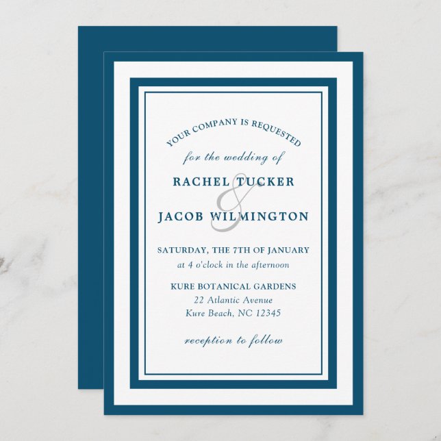 Modern Deep Blue White Border Simple Wedding Invitation (Front/Back)