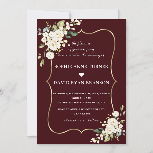 Modern Deep Burgundy White Ivory Flowers Wedding Invitation (Front)