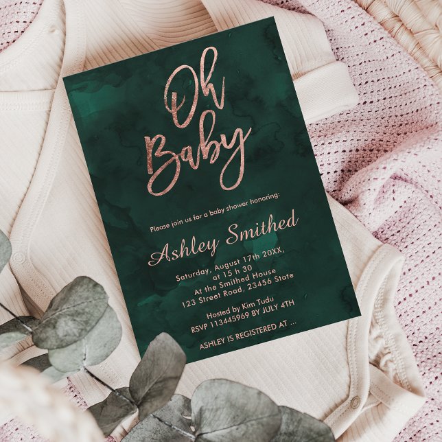 Modern deep green watercolor chic Oh baby shower Invitation (Creator Uploaded)