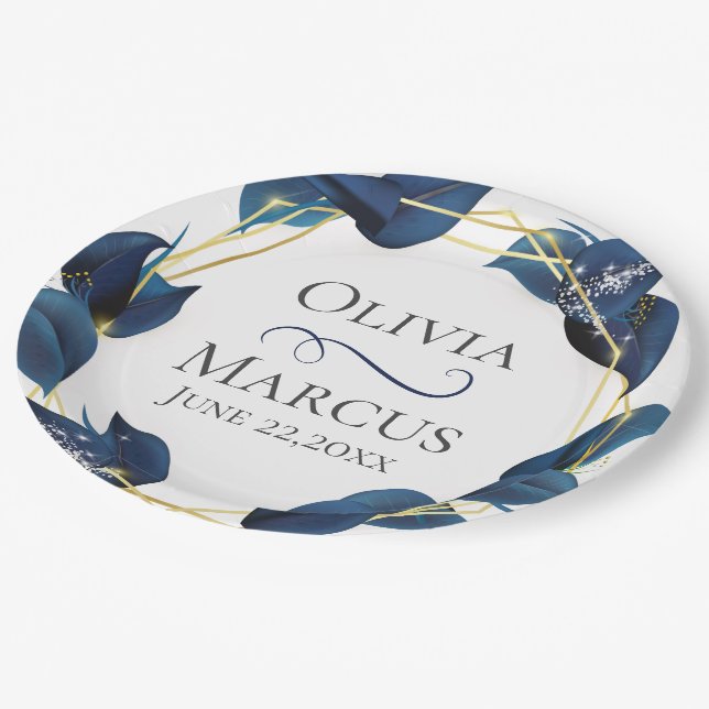Modern Deep Indigo Blue and Gold Frame Paper Plate (Angled)