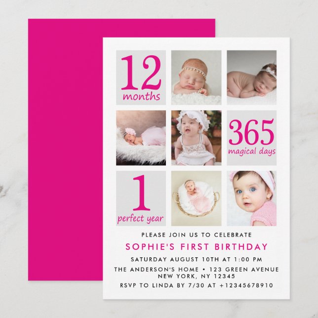Modern Deep Pink Photo Collage First Birthday Invitation (Front/Back)