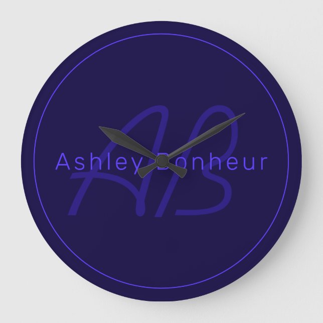 Modern Deep Purple Colors | Cool Name & Monogram Large Clock (Front)
