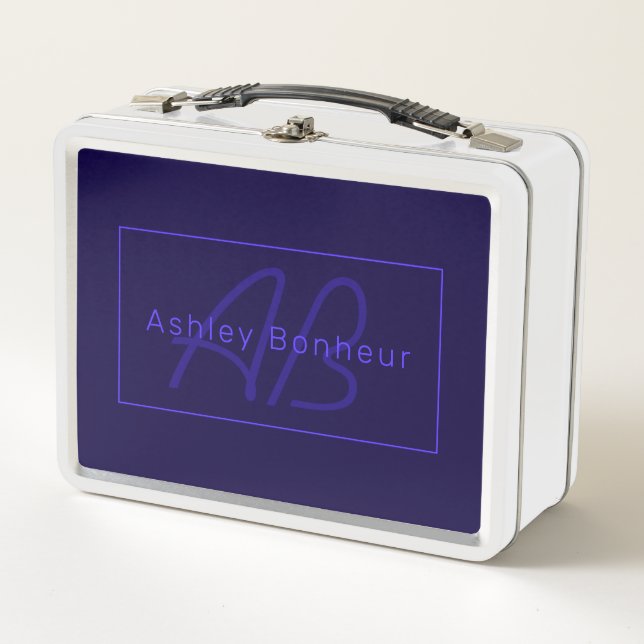 Modern Deep Purple Colours | Cool Name & Monogram Metal Lunch Box (Front)