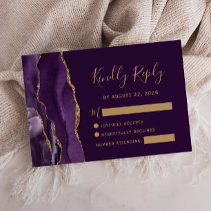 Modern Deep Purple Gold Agate Dark Wedding RSVP Card