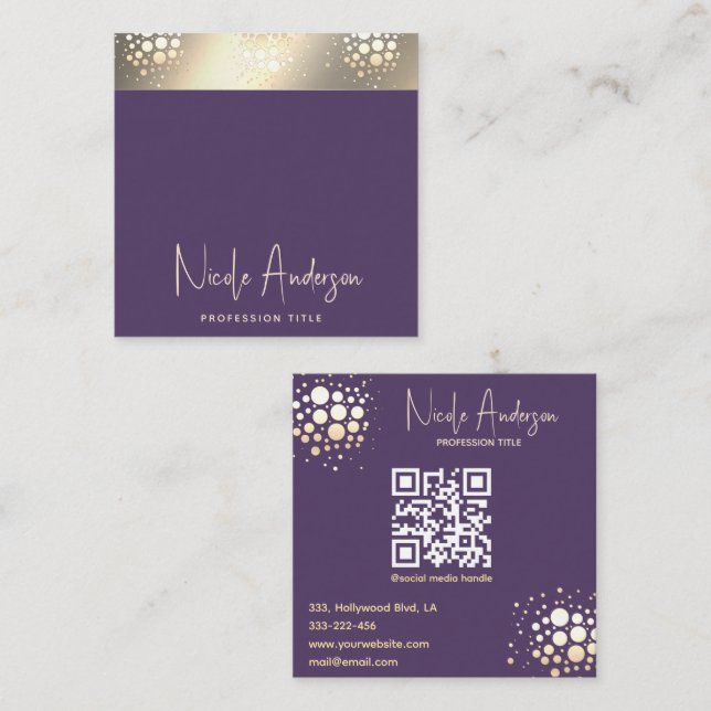 Modern deep purple luxury gold confetti QR code Square Business Card (Front/Back)