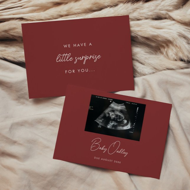 Modern Deep Red 'Little Surprise' Pregnancy Announcement (Creator Uploaded)