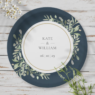 Modern Deep Sea Blue Greenery Floral Wedding Paper Plate