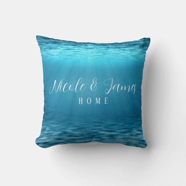 Modern Deep Sea Blue Underwater Monogram Throw Pillow (Front)