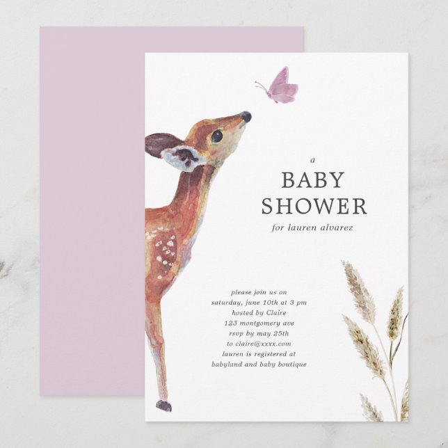 Modern Deer Pink Girl Baby Shower Invitation (Front/Back)