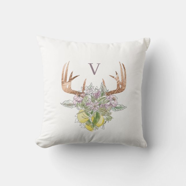 Modern Deer Skull And Floral Pastel Colour Throw Pillow (Front)