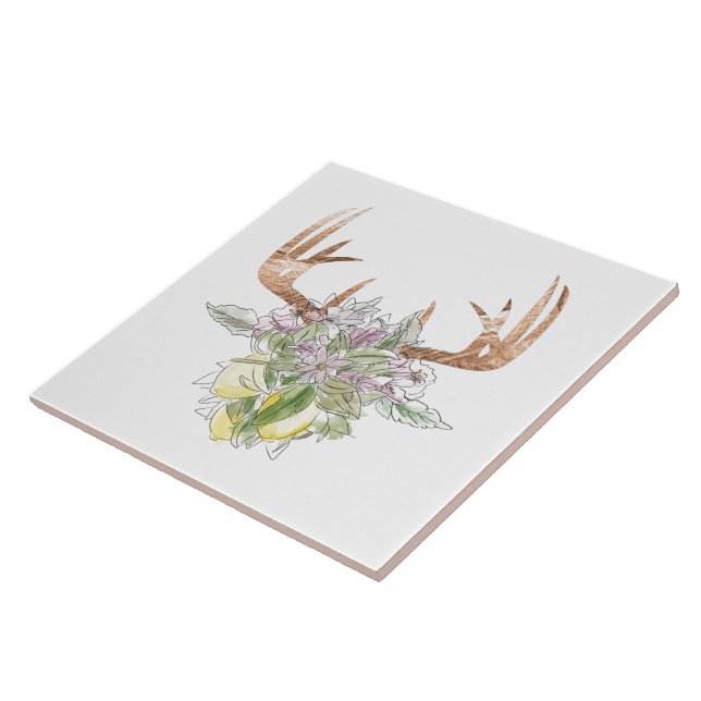 Modern Deer Skull And Floral Pastel Colours Tile (Side)