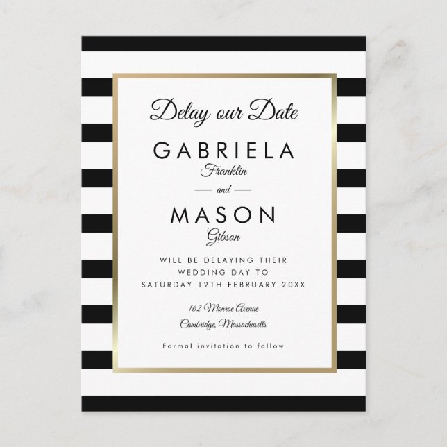 Modern Delay our Date Postponed Black and White Postcard (Front)