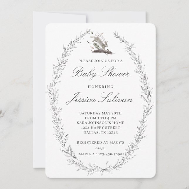 Modern Delicate Rabbit Hare Bunny Baby Shower Invitation (Front)