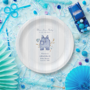 Modern Denim Blue Jean Stripes Baby Shower Paper Plate