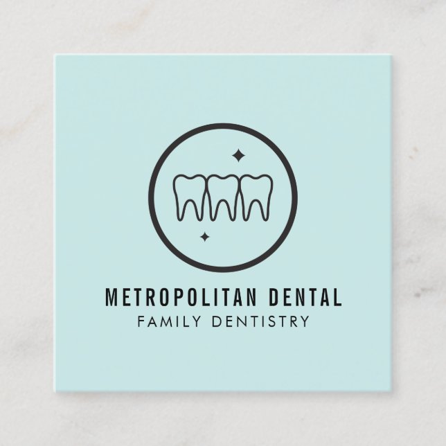 Modern Dentist Teeth Black Logo on Mint Square Business Card (Front)