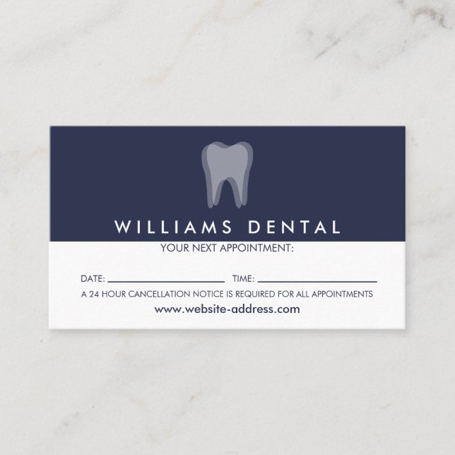 Modern Dentist Tooth Logo on Navy Blue Appointment Business Card (Front)