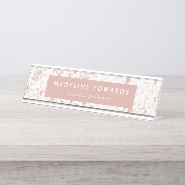 Modern Desert Blush & White Terrazzo Personalized Desk Name Plate (Front)