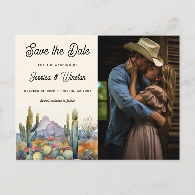 Modern Desert Cactus Photo Save the Date  Postcard (Front)