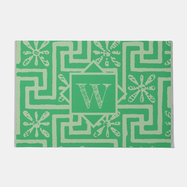 Modern design greenery greek key pattern monogram  doormat (Front)