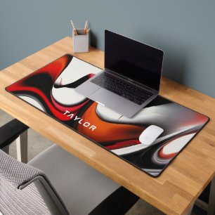 Modern Design Liquid Shapes, Red Black Grey, Name Desk Mat