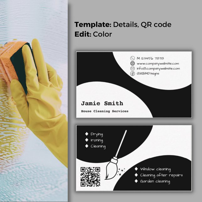 Modern Design & QR Code Unique House Cleaner Business Card (Modern Design & QR Code Unique House Cleaner Business Card, in Black & White, Broom Silhouette)