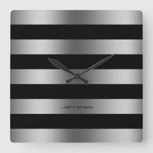 Modern Design Silver Stripes Over Black Background Square Wall Clock
