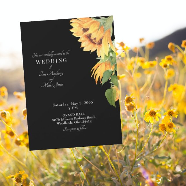 Modern Design Sunflower Floral Black Wedding  Invitation (Creator Uploaded)