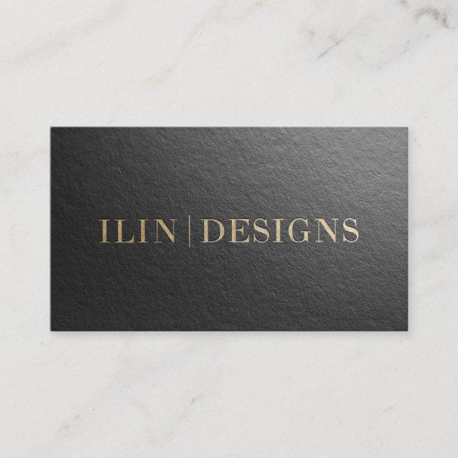 Modern Designer Minimal Black & Gold Embossed Text Business Card (Front)