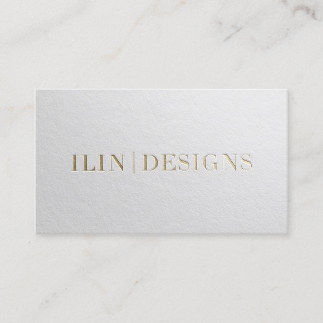 Modern Designer Minimal White & Gold Embossed Text Business Card (Front)