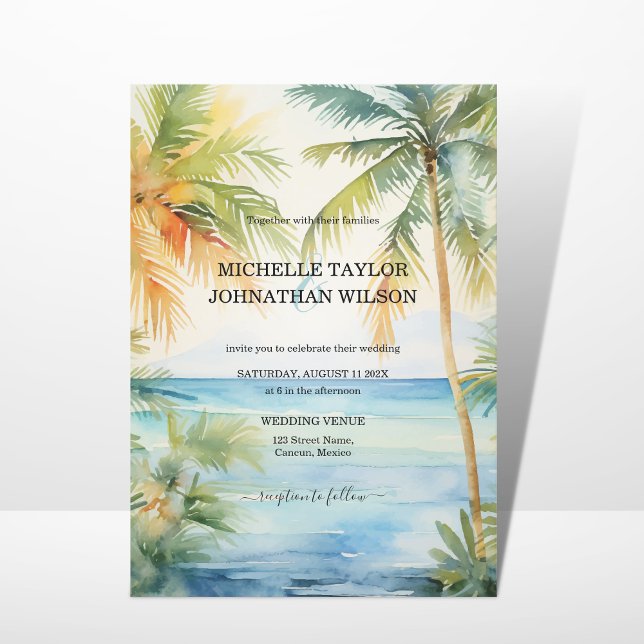 Modern Destination Wedding Palm Trees Beach Invitation (Creator Uploaded)