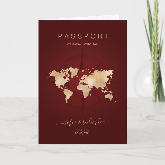 Modern Destination Wedding Passport Compass Invitation (Front)