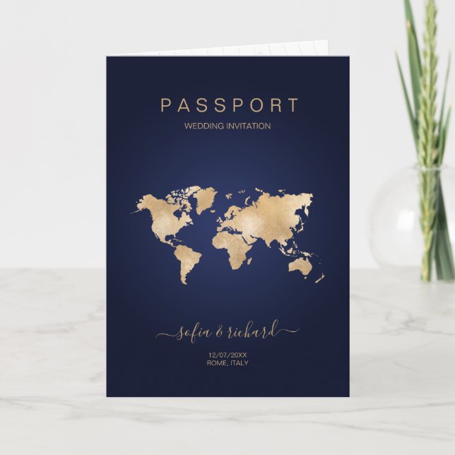 Modern Destination Wedding Passport World Map Invitation (Front)