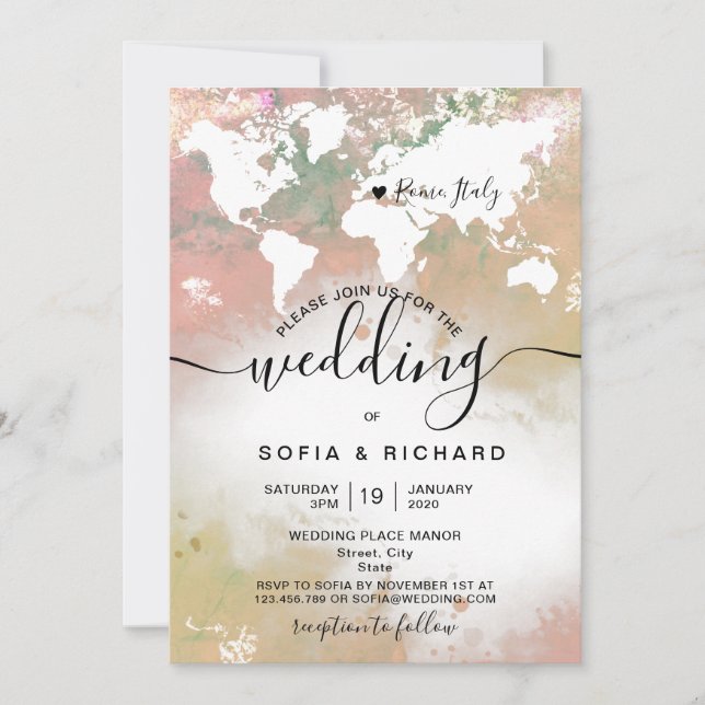 Modern Destination Wedding World Map Watercolor Invitation (Front)