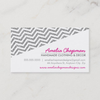 MODERN diagonal chevron faux silver glitter pink Business Card