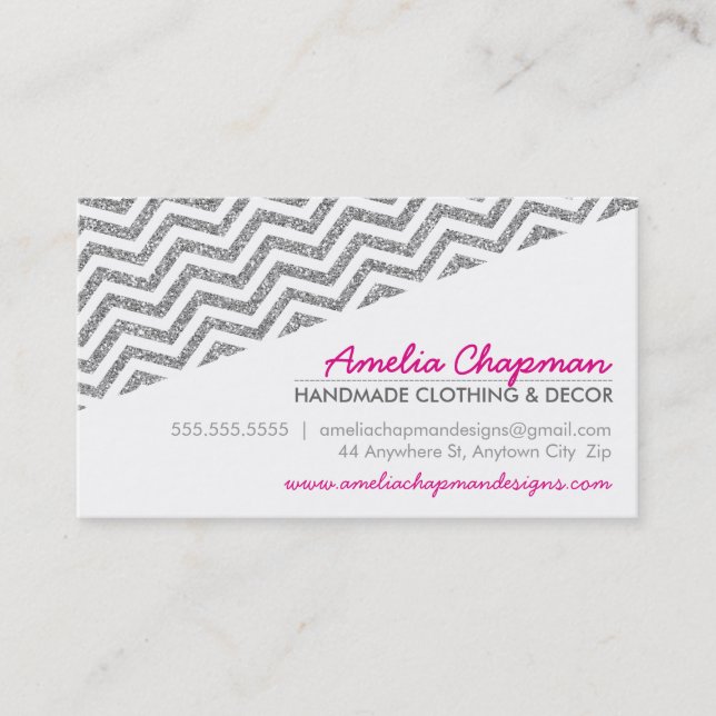 MODERN diagonal chevron faux silver glitter pink Business Card (Front)