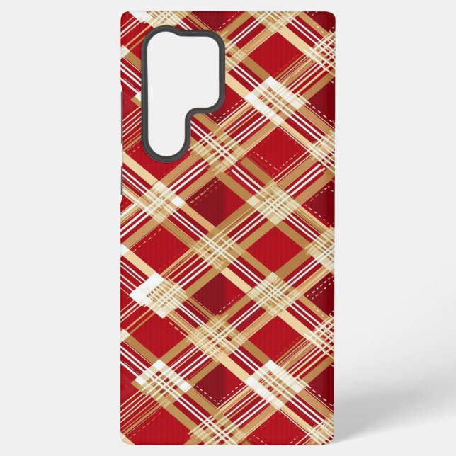 Modern Diagonal Red and White Plaid Pattern Samsung Galaxy S22 Ultra Case (Back)
