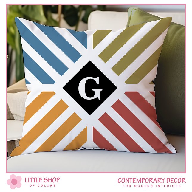 Modern Diagonal Stripes Customizable Initial Throw Pillow (Creator Uploaded)