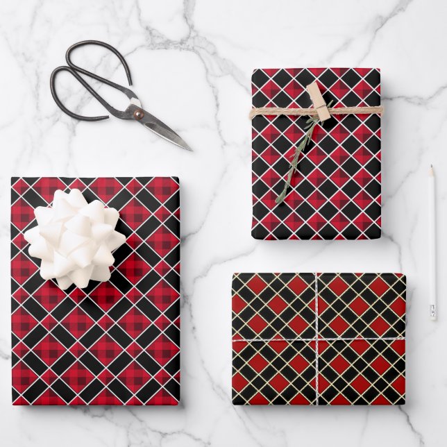 Modern diamond chequered in black & red wrapping paper sheet (Front)