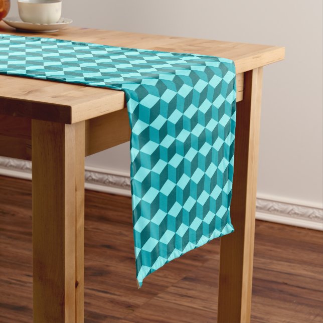 Modern Diamond Grid, Turquoise, Teal and Aqua Short Table Runner (In Situ)