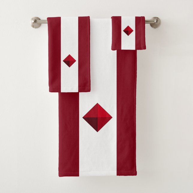 Modern diamond on burgundy & white striped bath towel set (Insitu)