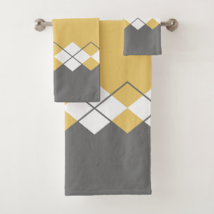 Modern diamond pattern mustard yellow, grey, white bath towel set