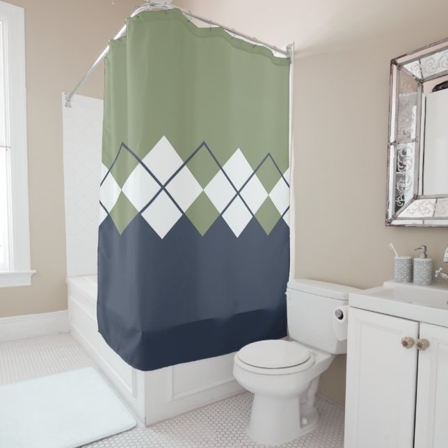 Modern, diamond pattern, olive green, navy blue (In Situ)