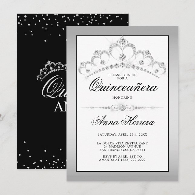 Modern Diamond Tiara Black White QUINCEAÑERA Invitation (Front/Back)