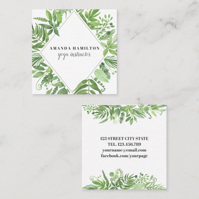 Modern diamond Watercolor  meadow green foliage Square Business Card (Front/Back)