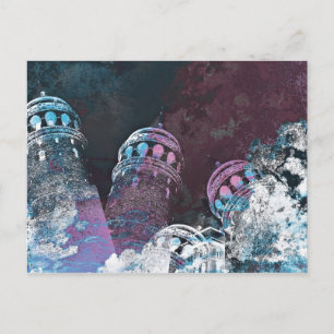 Modern digital graphic art pink towers design postcard