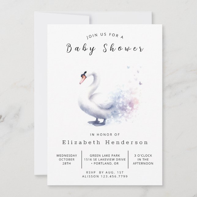 Modern Digital Swan Baby Shower Invitation (Front)