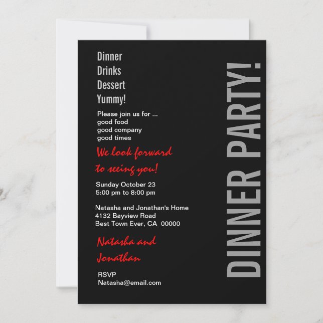 Modern DINNER PARTY Black White Red Template (Front)